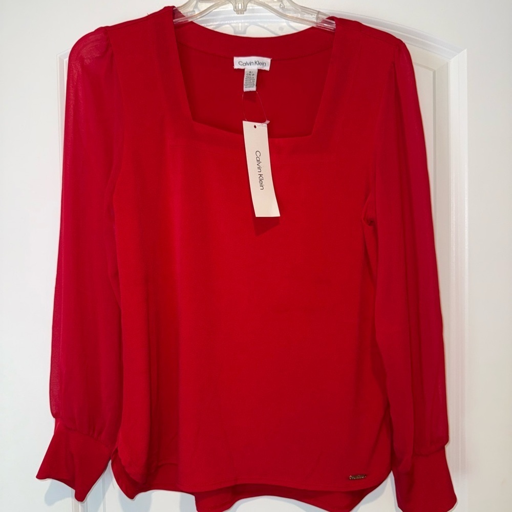 Calvin Klein Red Puff Sleeve Blouse - Picture 2 of 4